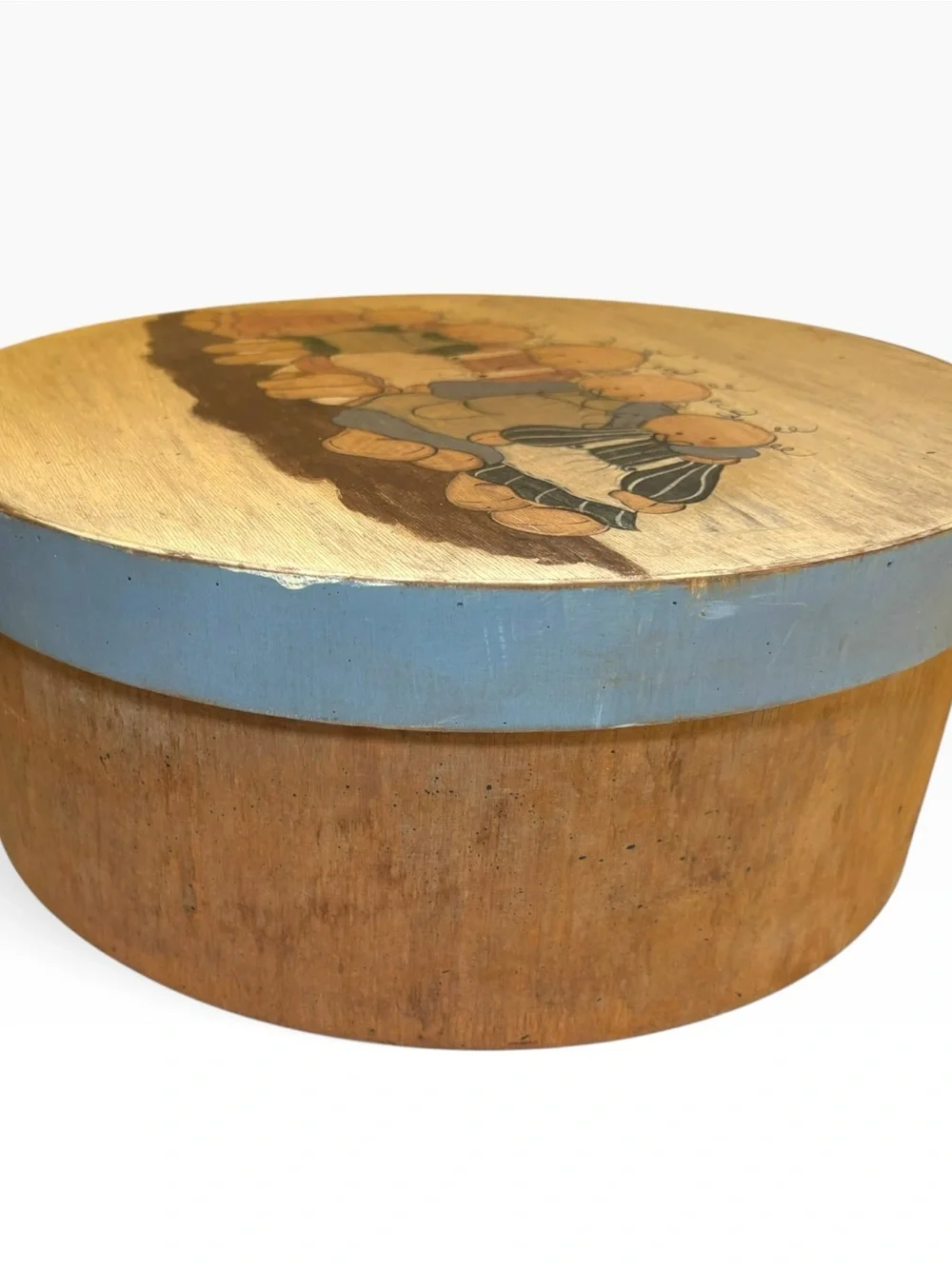 Vintage Bentwood Cheese Box Round Wooden Pantry Box Folk Art Painted Rag Dolls